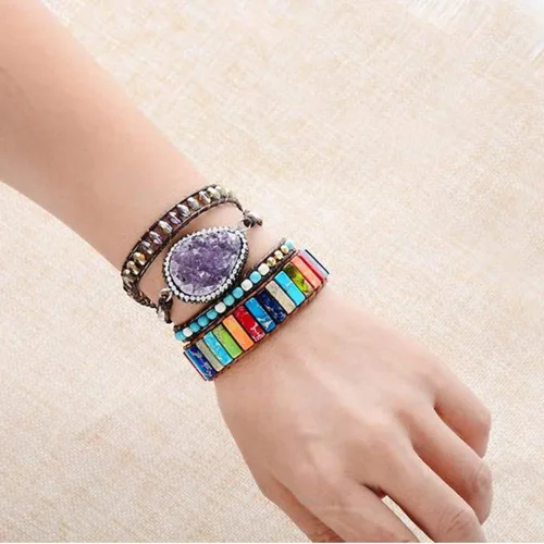 Vista 7 de sedmart - Pulseras de los 7 chakras para mujeres con piedras reales y correa de cuero, cuentas curativas para hombres y mujeres, joyería bohemia