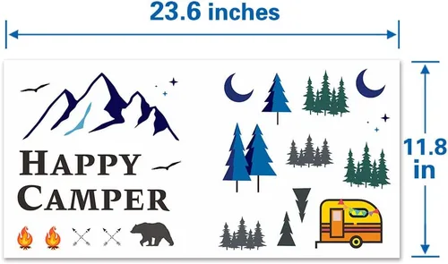 Vista 7 de Adhesivo decorativo para pared con temática de aventura, vinilo extraíble, exploración tribal, senderismo, camping, viajes, montañas, fogatas, arte