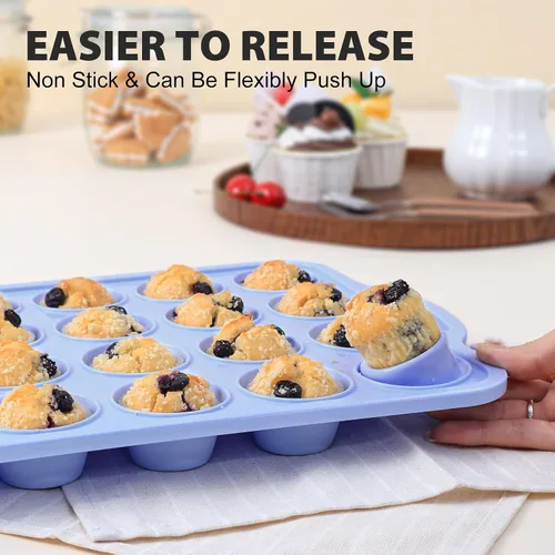 Vista 7 de Mini Molde de Silicona para Muffins con Marco de Metal, Molde de Silicona Antiadherente para Cupcakes con Asas de 24 Tazas, Bandeja de Molde