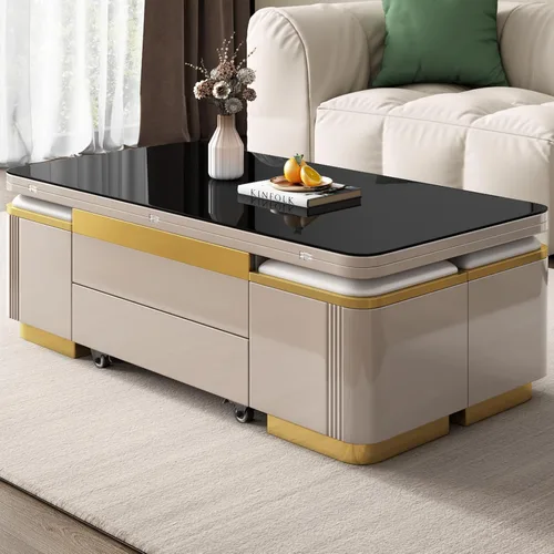 Vista 4 de Guyii Mesa de centro elevable con taburetes de almacenamiento, mesa central 3 en 1, altura ajustable, mesa plegable para sala de estar, ahorro