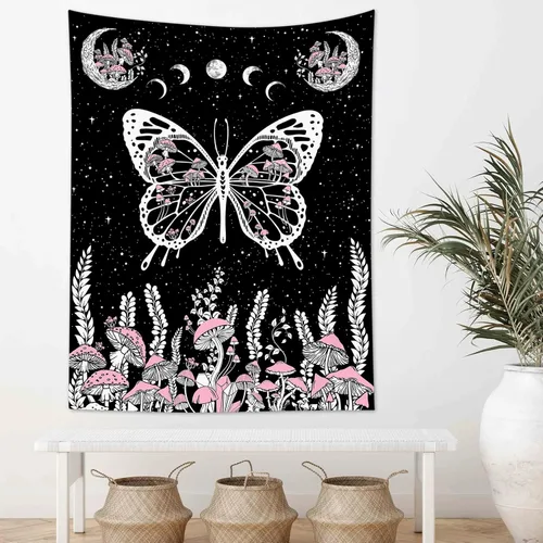 Vista 20 de LB Tapiz pequeño de mariposa colorido para colgar en la pared, diseño psicodélico de flores silvestres 3D, mariposas de fantasía floral, arte