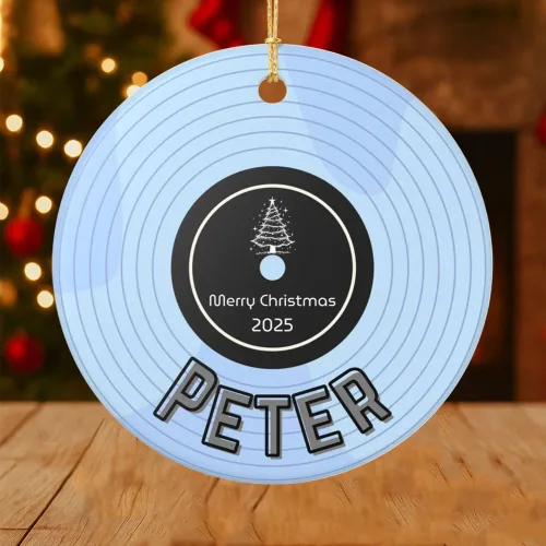 Vista 19 de Adorno de Disco de Vinilo Retro Personalizado 2025, Adorno de Músico Personalizado para Amantes de la Música, Decoración de Árbol de Navidad
