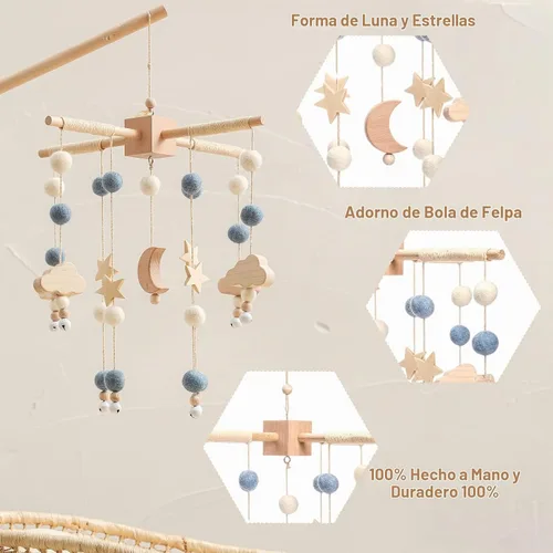 Vista 2 de Móvil de bebé para cuna Cuna de bebé, cuna de bebé, luna de estrella móvil para bebés niños y niñas Decoración bohemia para guardería Juego