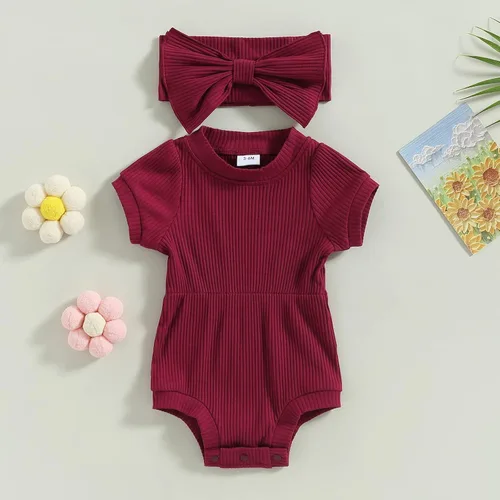 Vista 37 de Traje de verano para niña pequeña, de manga corta, acanalado, overol liso, pantalones cortos, ropa para recién nacidos