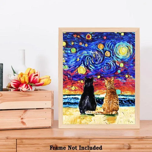 Vista 6 de Bestbuddy Pet 8 x 10 sin marco noche estrellada inspirada gato pareja animales amante familia paz amor pintura al óleo impresión arte impresión