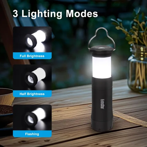 Vista 6 de EXTRASTAR - Linternas LED para acampar, linterna de 2 en 1 a batería, antorcha con zoom 3 modos, máximo 35 lúmenes, resistente al agua IPX2