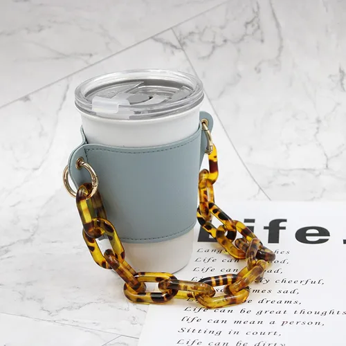 Vista 18 de Soporte de cuero de lujo para bebidas con mango de bebidas, soporte reutilizable para tazas de café de viaje, soporte de taza de cadena de metal