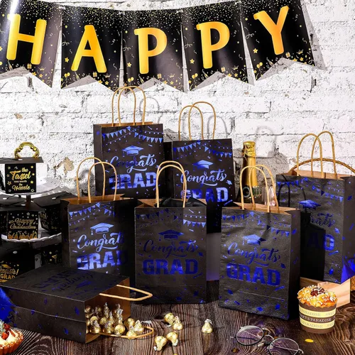 Vista 3 de PerKoop 12 bolsas de regalo de graduación azules con asas para la clase de 2026, bolsas de papel de regalo de fiesta de felicitaciones, decoraciones