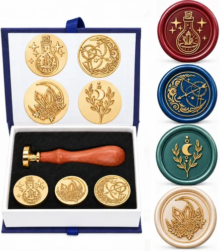 Vista 10 de SWANGSA - Juego de sellos de cera, estilo vintage, 4 cabezas con patrones navideños y 1 mango de madera para regalos de Navidad y Año Nuevo Dorado