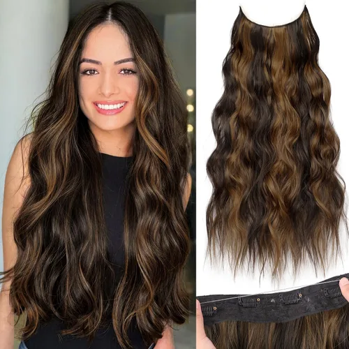 Vista 84 de KooKaStyle Extensiones de cabello de alambre invisible con diadema transparente, tamaño ajustable, 4 clips de seguridad, largo, ondulado, alambre