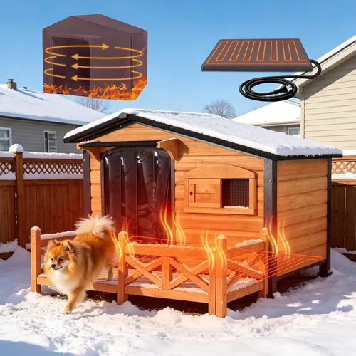 Vista 7 de Casa para Perros Grande con Calefacción para Exteriores 43.3" L Perrera para Perros Aislada de Invierno con Marco de Metal para Perros Medianos a