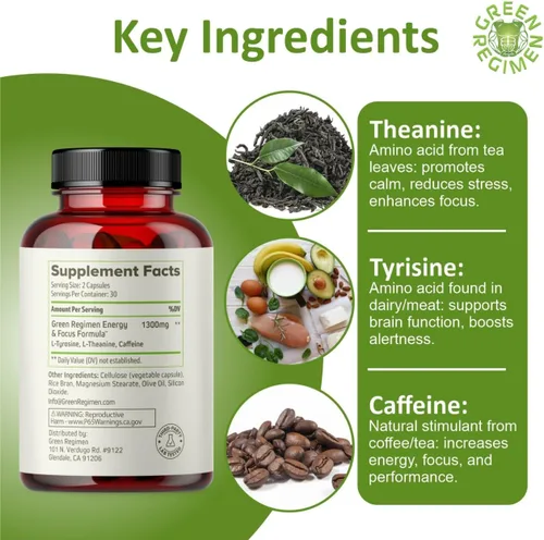 Vista 4 de Green Regimen Cápsulas Energy & Focus - Suplemento nootrópico natural para una claridad mental sostenida, concentración y alerta mejoradas, sin