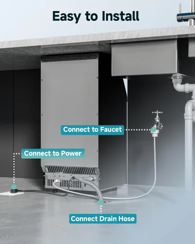 Vista 7 de EUHOMY Máquina comercial para hacer hielo, máquina de hielo de acero inoxidable de 100 libras/24 horas debajo del mostrador con contenedor