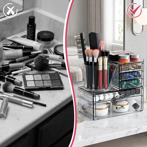 Vista 4 de ShineMe Organizador de maquillaje acrílico, organizador de cosméticos apilable de 2 niveles para tocador con soporte giratorio de 360° para brochas