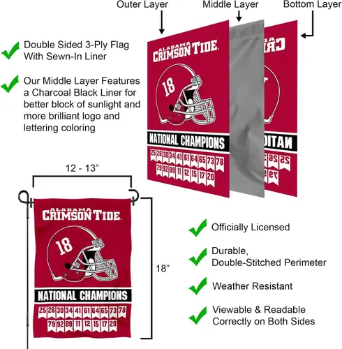 Vista 6 de Bandera de jardín de doble cara de Alabama Crimson Tide 18 Times National Champions
