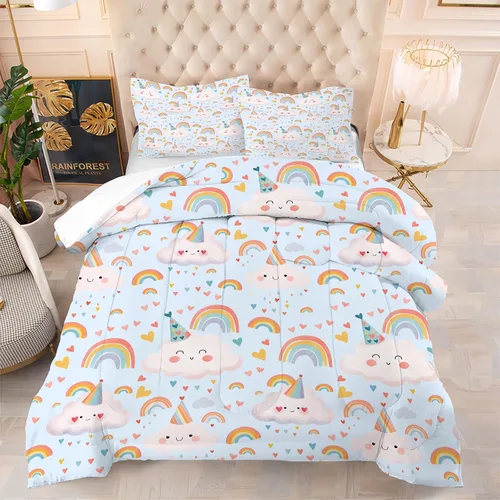 Vista 13 de kxry Lindo juego de edredón de niña negra, juegos de ropa de cama individual de niña afroamericana para niños, bonito edredón de nubes estrelladas