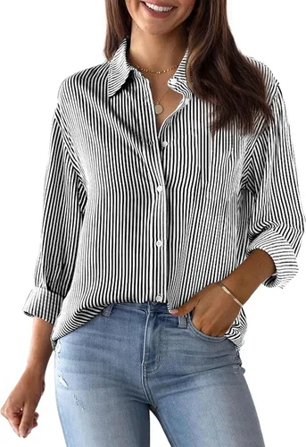 Vista 6 de Siliteelon - Camisas de botones para mujer, camisa de vestir a rayas de algodón, de manga larga, cuello con solapa, para oficina y trabajo