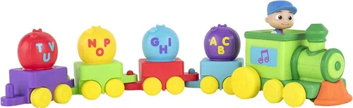 Vista 2 de CoComelon Tren musical del alfabeto con características JJ con música, sonidos y frases: 4 carros del alfabeto, 1 figura de director JJ, reproduce