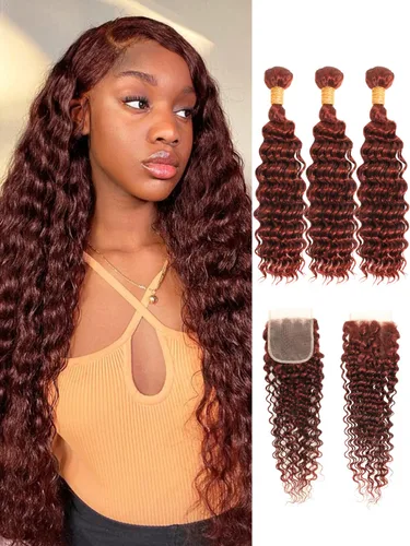 Vista 63 de Cabello Humano Rizado Castaño Rojizo, Trama Gruesa Castaño Cobrizo Rojo Coloreado Ondas Profundas Paquetes Individuales Cabello Humano 12A Tejido