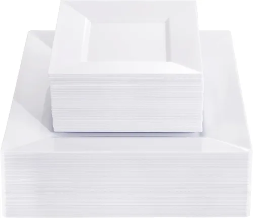 Vista 25 de Liacere 100 platos cuadrados de plástico blanco y plateado, 50 platos de cena blancos resistentes de 9.5 pulgadas y 50 platos de postre de 6 Blanco