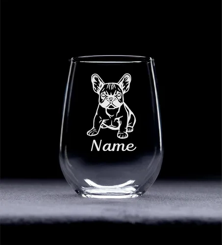 Vista 2 de C M Vaso de vino sin tallo personalizado para perro Bulldog francés con nombre, 17 onzas, regalo personalizado para perros para mujeres y hombres