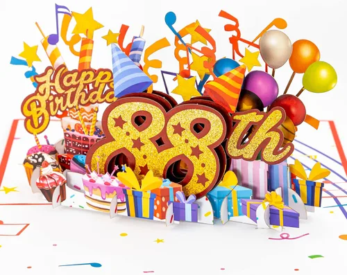 Vista 11 de iGifts And Cards Tarjeta desplegable 3D de feliz cumpleaños 87 – Diseño azul con números de purpurina, globos, pasteles y regalos – Tarjeta