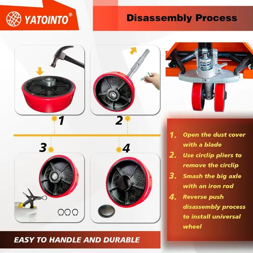 Vista 6 de YATOINTO Juego de 2 ruedas de dirección de gato de palet con eje y tapas protectoras 7" x 2" con rodamientos ID 20mm de rosca polivalente, kit