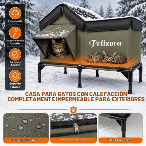 Vista 3 de Casa climatizada para gatos para exteriores, refugio de invierno aislado a la intemperie con base elevada y ventana transparente, puerta de escape
