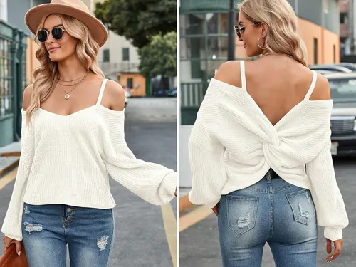 Vista 3 de ZAFUL Womens Criss Cross Sweaters Twisted Back Pullover Knitted Cropped Sweater Jumper