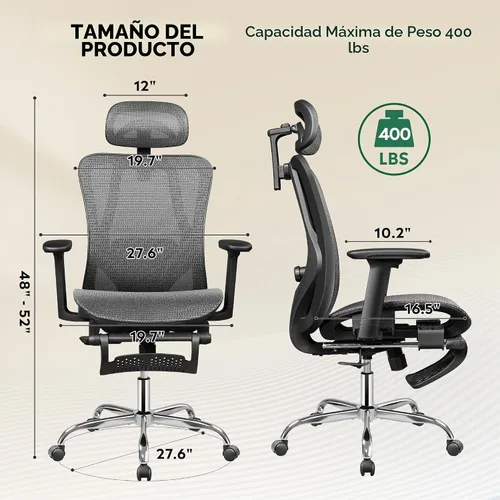 Vista 3 de DEVAISE Silla de escritorio ergonómica de malla para oficina, reposapiés retráctil y soporte lumbar ajustable, cómoda silla reclinable