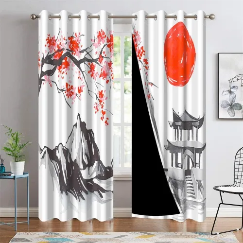 Vista 12 de Cortinas japonesas con pintura de tinta, monte Fuji, sol rojo, puesta de sol, hojas de bambú, cortinas de ventana para dormitorio, sala de estar