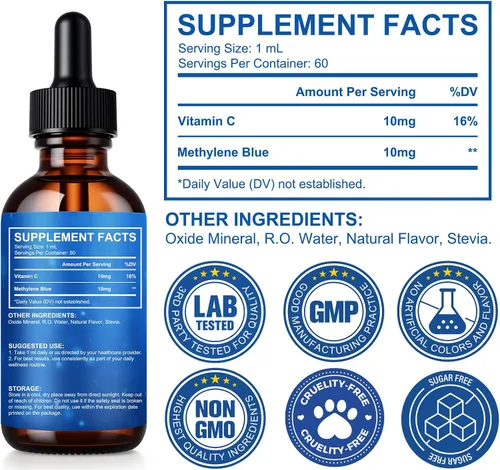 Vista 2 de Azul de metileno grado farmacéutico, gotas de azul de metileno para la salud cerebral y apoyo energético, sin formaldehído, sin alcohol, sin gluten