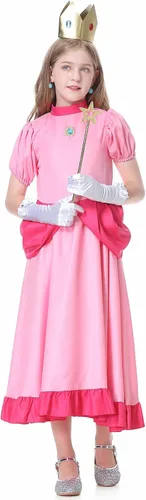 Vista 5 de Ladhow Disfraz de princesa melocotón para niñas, vestido rosa con accesorios para Halloween
