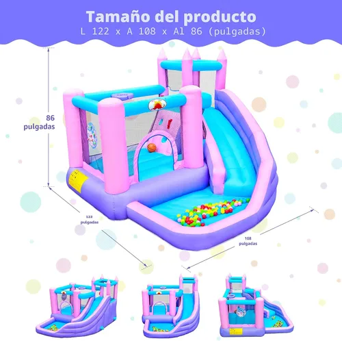Vista 2 de WELLFUNTIME Casa inflable de rebote con tobogán, castillo de salto para niños con soplador, pozo de bolas, pared de escalada, diana, aro