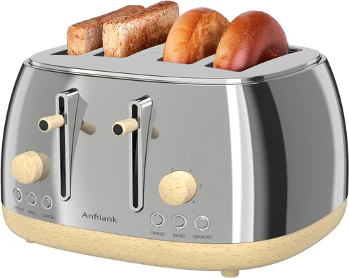Vista 9 de Tostadora de 4 rebanadas, tostadora retro de acero inoxidable con ranuras extra anchas, funciones de cancelar, bagel y descongelar, panel de control