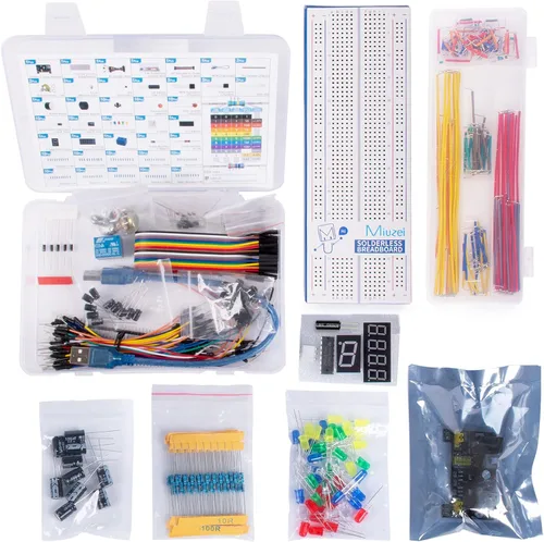 Vista 2 de Miuzei Kit de componentes electrónicos con módulo de suministro, cable de puente, placa de 830 puntos de conexión, potenciómetro de precisión