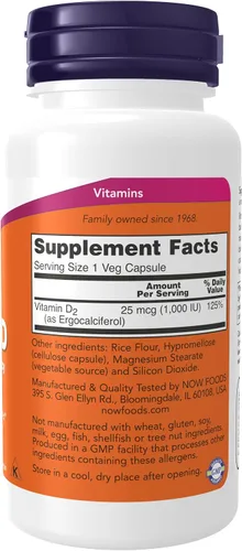 Vista 2 de NOW Foods Vitamina D-2 1000 UI de alta potencia - 120 cápsulas vegetales, paquete de 3