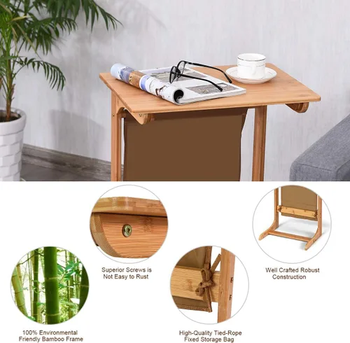 Vista 6 de COSTWAY Mesa auxiliar 100% de bambú, mesa auxiliar con bandeja de TV en forma de L, mesa auxiliar de aperitivos para computadora portátil con bolsa