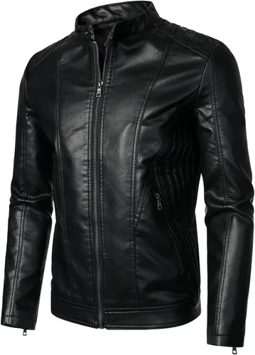 Vista 2 de HOOD CREW Chaquetas de cuero para hombre, chaqueta de motocicleta negra, cuello alto, chaqueta de piel sintética
