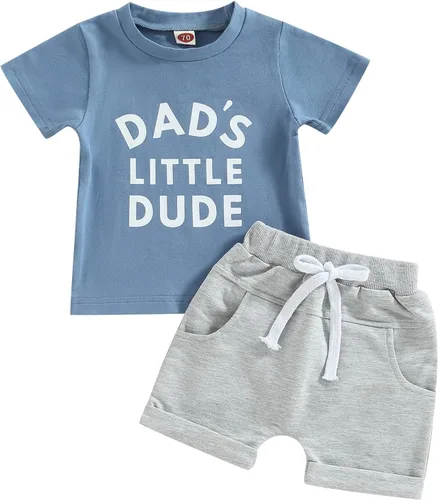 Vista 8 de Conjunto de traje de verano para bebé niño pequeño, manga corta, cuello redondo, letras impresas, lindo traje de verano, conjunto de 2 piezas