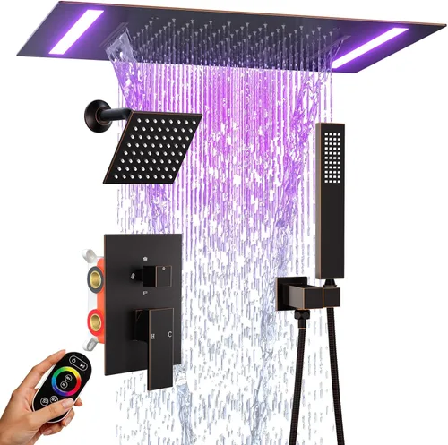 Vista 12 de ENGA Sistema de ducha dorado brillante con chorros corporales, 2 en 1 funciones de montaje en techo, cabezal de ducha LED de 14 x 20 pulgadas con 4