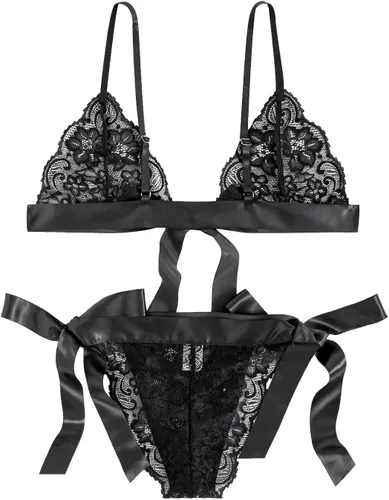 Vista 2 de SweatyRocks Conjunto de lencería de malla con encaje floral y ribete festoneado para mujer