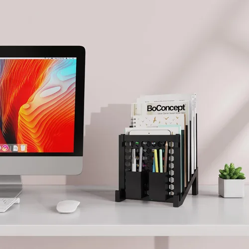 Vista 2 de Organizador de archivos para escritorio con caja de almacenamiento y gancho, organizador de archivos de escritorio inclinado con soporte vertical