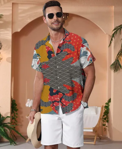 Vista 55 de KYKU - Camisa hawaiana funky para hombre, ropa tropical para vacaciones en Palm Beach