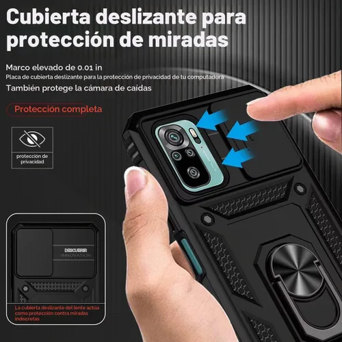 Vista 2 de Funda para Redmi Note 10/Redmi Note 10S/Poco M5S con protector de pantalla de vidrio templado y cubierta de cámara deslizante, anillo magnético Negro