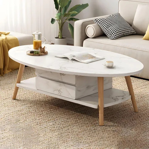 Vista 9 de Mesa de centro individual de madera, mesa de café, mesa de cóctel, mesa de centro de apartamento, sofá, mesa lateral ovalada, patas de madera, mesa