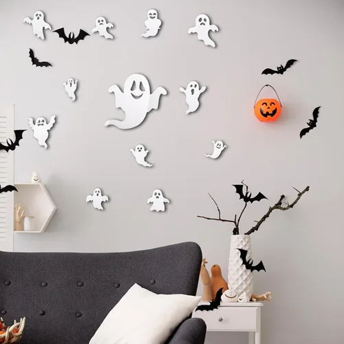 Vista 4 de Decoración de pared de Halloween, lindas calcomanías de fantasma, calcomanías de decoración de murciélagos 3D, 25 unidades, calcomanías de ventana