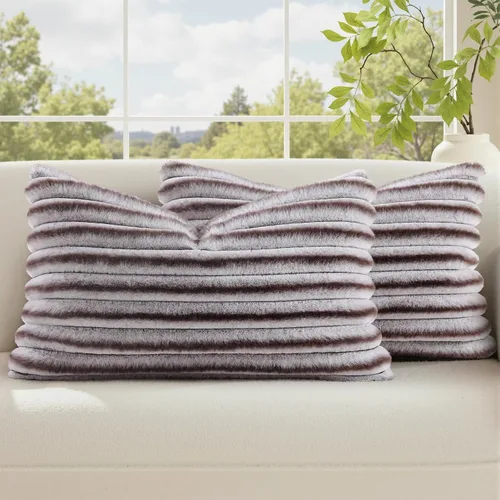 Vista 43 de decorUhome Fundas de almohada de piel sintética, juego de 2, decorativas, afelpadas, suaves, afelpadas, a rayas, parte posterior de terciopelo