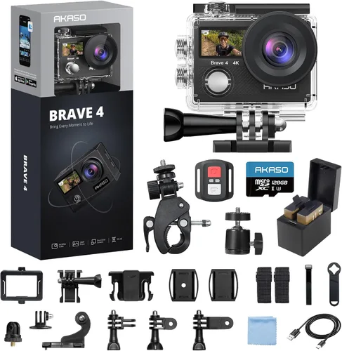 Vista 2 de AKASO Brave 4 Cámara de acción 4K 30fps con tarjeta MicroSD U3 de 128 GB y trípode Selfie Stick de 23.6 in