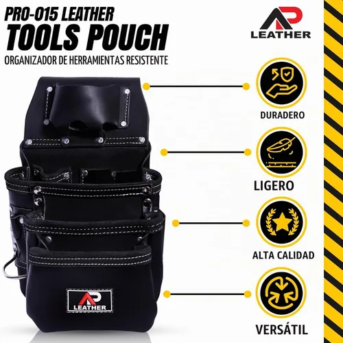 Vista 5 de Bolsa de herramientas de cuero AP LEATHER Pro-015 para construcción, resistente, con soporte para martillo, hebilla, 3 bolsillos grandes